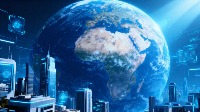 Futuristic city with glowing Earth backdrop