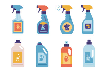 Eight cleaning product bottles of different shapes colors and icons stand against a white background
