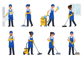 Eight figures are wearing cleaning uniforms and are holding cleaning supplies