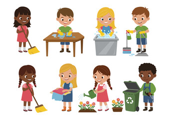 Eight cartoon kids performing household chores