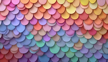 A vibrant, multicolored array of overlapping, semi-circular shapes arranged in a scale-like pattern, creating a wave-like effect with pastel and saturated hues