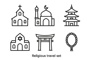 Obraz premium Religious travel icons set: church, mosque, pagoda, synagogue, torii, prayer beads