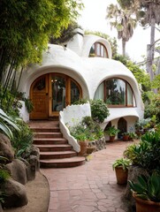 A whimsical, white stucco home with rounded arches and a terracotta staircase, nestled amidst lush greenery.