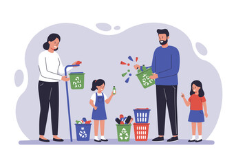 Family sorting recycling with bins showing sustainability