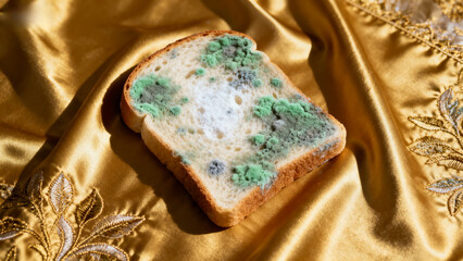A slice of bread with mold growth resting on a golden embroidered fabric © 打算 朱