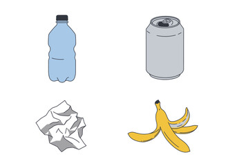 Four images of waste plastic bottle metal can crumpled paper banana peel