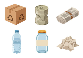Isometric view Cardboard box crushed can newspaper roll bottle jar crumpled paper