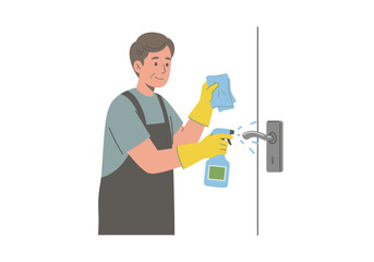 Man wearing gloves cleans a doorknob using a spray bottle and a cloth