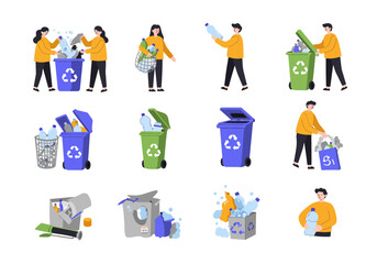 People recycle plastic waste into bins bags and boxes labeled with recycle icons