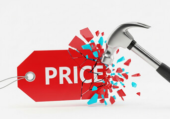 Hammer smashing a red price tag isolated on white background