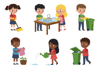 Six cartoon children doing chores sweeping washing dishes discarding trash folding clothes and watering plants
