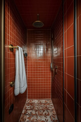 High-end boutique hotel bathroom with rich terracotta walls, luxurious rain shower, unique tile patterns, and brass towel racks.