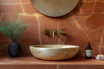 Elegant contemporary bathroom with terracotta walls, a marble countertop, brass fittings, and a round vessel sink.
