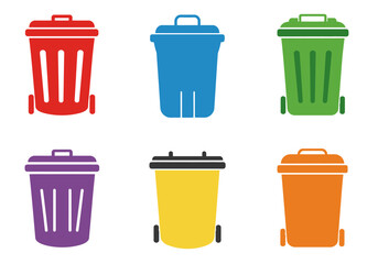 Six colorful garbage cans with lids arranged in two rows against a white background