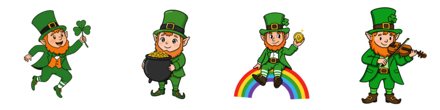 Leprechauns celebrating with clovers, gold, rainbows, and music  