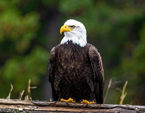 Bald eagle perched on log, forest background