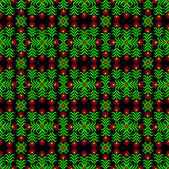 seamless floral pattern
floral and geometric pattern on a black background. The design mimics cross-stitch or ethnic embroidery, featuring intricate, symmetrical motifs with vivid green leave