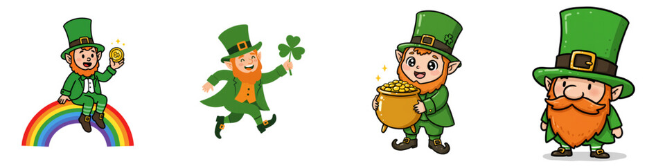 Cartoon leprechauns celebrating St. Patrick's Day with symbols  