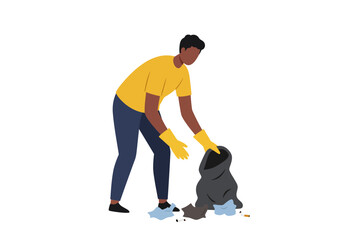 Volunteer cleaning picking up trash into bag