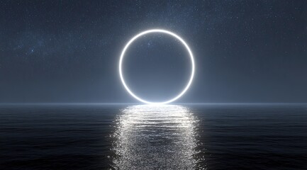 Glowing circle over still water under a starry night
