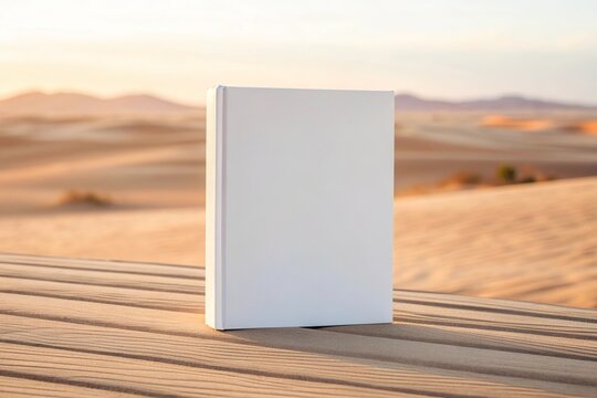 Blank white book standing on wooden deck in desert landscape at sunset - Powered by Adobe