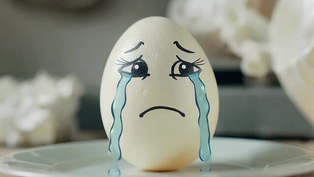 depiction of sorrowful and weeping emotional icon illustrated onto the surface of hard-cooked poultry egg