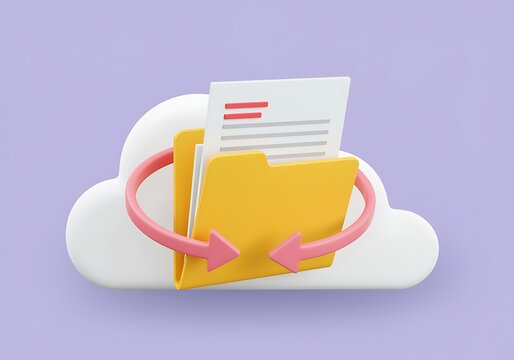 Cloud computing data transfer conceptual 3d render featuring a yellow folder and pink arrows on a lilac backdrop signifying seamless data management