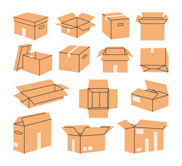Cartoon cardboard boxes. Carton delivery boxes, open and closed shipping packages, parcel delivery boxes flat vector illustration set. Cardboard box collection on white