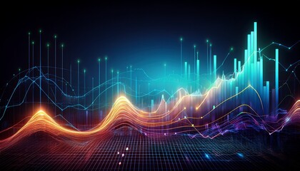 bright digital financial graph with rising trend and data points