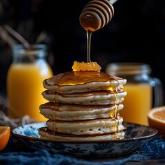 Photo of pancakes stacked high with honey drizzle, served with orange juice for breakfast