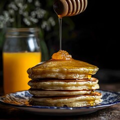 Photo of pancakes stacked high with honey drizzle, served with orange juice for breakfast