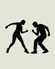 Obraz premium Dynamic silhouette vector illustration of two figures in action poses scalable eps silhouette vector illustration white background