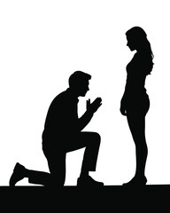 Silhouette vector illustration of a man proposing to a woman kneeling down in a romantic gesture silhouette vector illustration white background