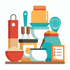 Create a colorful flat illustration of kitchen tools and baking ingredients arranged