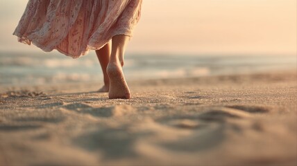 Barefoot woman stepping on sandy beach at sunrise symbolizing calm transformation and hope