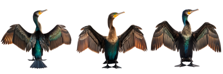 Three cormorants spread their wings isolated on transparent background