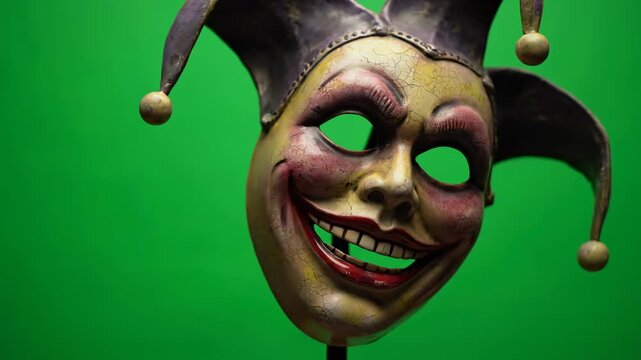 A disturbing jester mask with a wide, fixed grin ominously tilts its head from side to side, isolated on a green screen dark humor, circus, scary