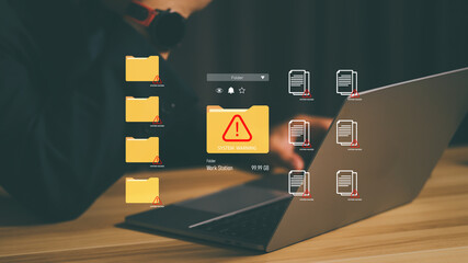 System warning alert on laptop screen with corrupted files and infected folders, representing data security risk, malware infection, cyber threat, and digital information vulnerability.