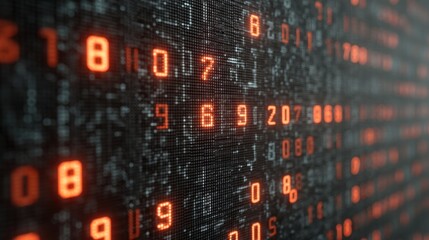 Abstract digital background with glowing binary code in orange and black, representing technology, data processing, and information flow in modern systems
