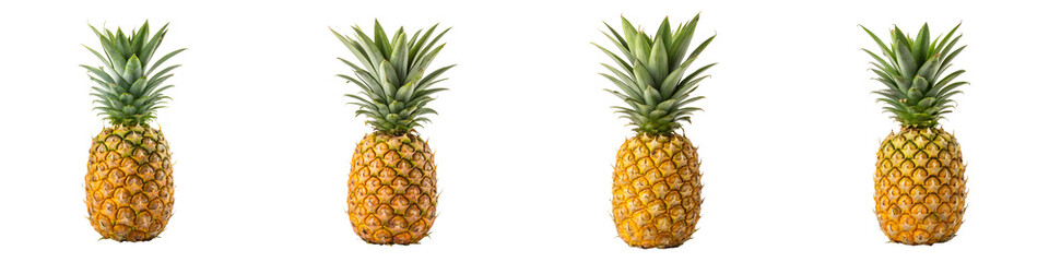 Fototapeta premium Four fresh pineapples isolated on transparent background in a row
