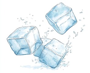 Obraz premium Three ice cubes in mid-air, surrounded by water splashes. Aquarelle style