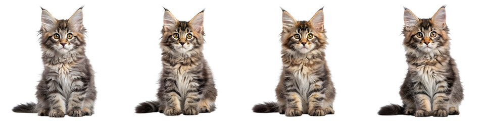 Four maine coon kittens isolated on transparent background, sitting upright