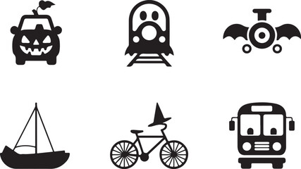 Haunted transport Halloween icon set silhouette vector