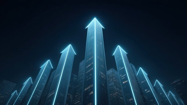 Futuristic Urban Landscape with Neon Arrows Pointing Upwards, Symbolizing Growth, Success, and Progress in Business and Technology