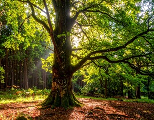 Naklejka premium Majestic tree in sunlit forest