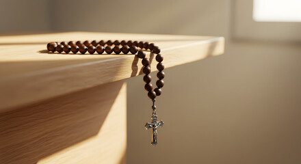 Rosary beads resting on wooden altar with natural light