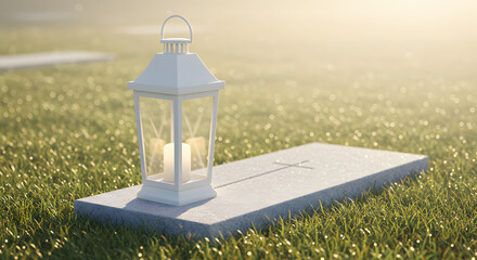 White lantern placed on a grave marker in a serene cemetery  