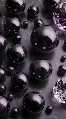 Glossy purple bubbles scattered on a smooth, reflective surface