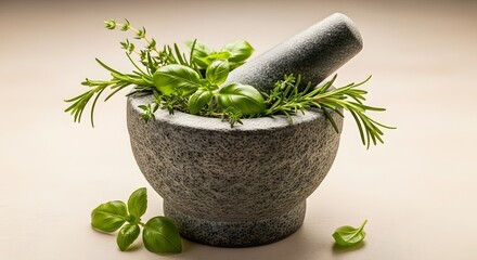 Mortar and pestle with fresh herbs