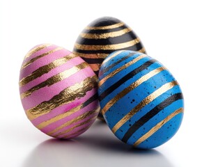 Obraz premium Three colorful hand-painted Easter eggs, arranged close together, showcasing a variety of pink, blue, and black stripes with gold accents